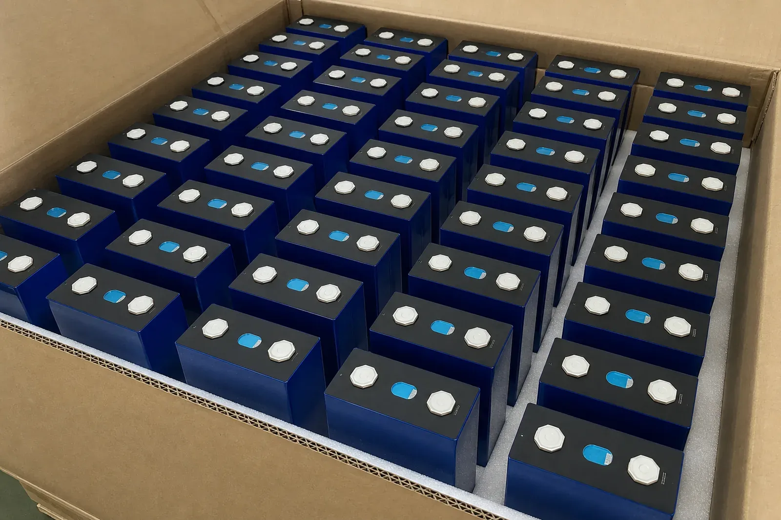 Incoming prismatic LiFePO4 cells aligned in foam-lined factory cartons with serial labels