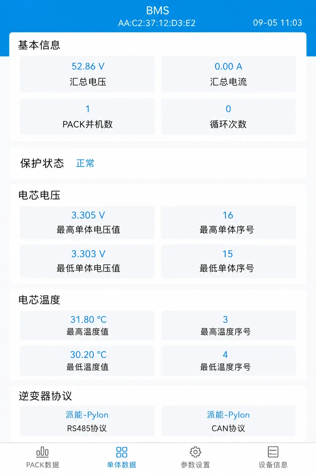 Companion app screen showing cell temperatures, protection status, and inverter protocol settings (Pylon / RS485 / CAN)