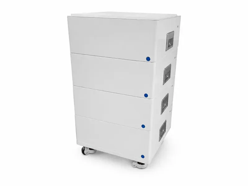 48V 100Ah server rack LiFePO4 battery module for high-temperature tolerant, long-life industrial and solar storage systems, with stacked white rack enclosure and side handles 1