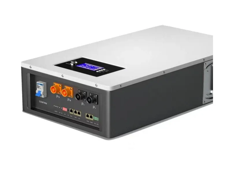 Horizontal modular LiFePO4 battery pack with low-profile enclosure, dual heavy-duty carrying handles, front display, and parallel terminals
