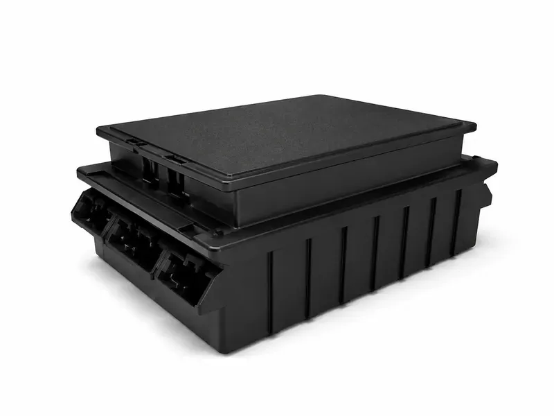Industrial high-voltage specialty battery system for 320V and 425.5V projects that pass nail penetration and other extreme abuse scenario testing, with black rugged stacked enclosure and front connector bays
